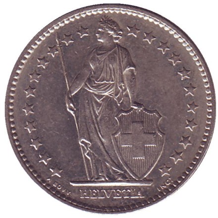 Монета 2 франка. 1976 год, Швейцария. Гельвеция. Монета 2 франка. 1976 год, Швейцария. Гельвеция.