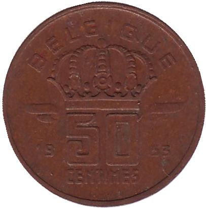 Монета 50 сантимов. 1953 год, Бельгия. (Belgique)