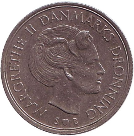 Монета 1 крона. 1974 год, Дания. Монета 1 крона. 1974 год, Дания.