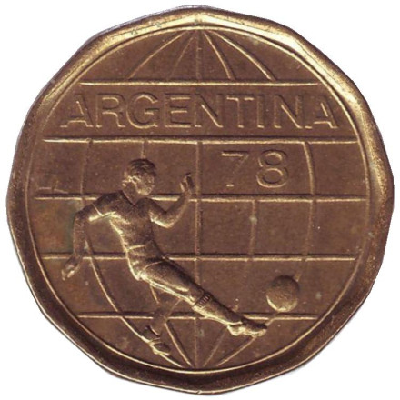 Монета 50 песо. 1978 год, Аргентина. Чемпионат мира по футболу.