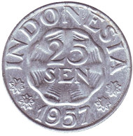 Монета 25 сен. 1957 год, Индонезия. Монета 25 сен. 1957 год, Индонезия.