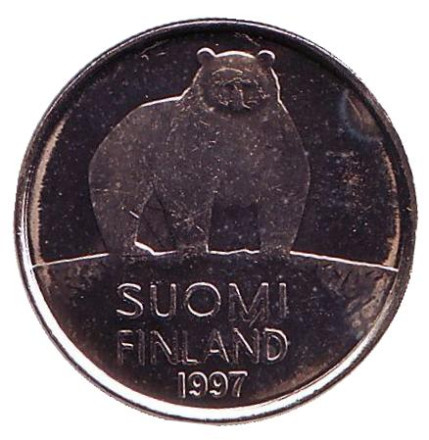 Монета 50 пенни. 1997 год, Финляндия. UNC. Медведь.