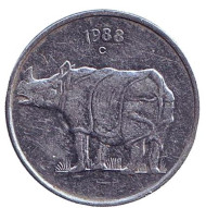 Монета 25 пайсов. 1988 год, Индия. Носорог. ("C" - Оттава, новый тип) Монета 25 пайсов. 1988 год, Индия. Носорог. ("C" - Оттава, новый тип)