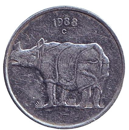 Монета 25 пайсов. 1988 год, Индия. ("C" - Оттава) Носорог.