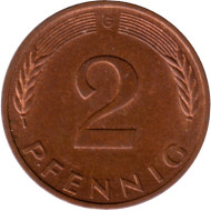 Монета 2 пфеннига. 1996 год (G), ФРГ. Дубовые листья. Монета 2 пфеннига. 1996 год (G), ФРГ. Дубовые листья.