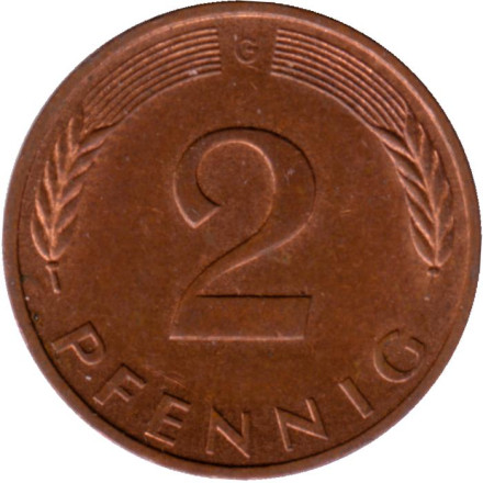 Монета 2 пфеннига. 1996 год (G), ФРГ. Дубовые листья.