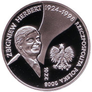 Монета 10 злотых. 2008 год, Польша. Серебро! Пруф. 10 лет со дня смерти Збигнева Херберта. Монета 10 злотых. 2008 год, Польша. Серебро! Пруф. 10 лет со дня смерти Збигнева Херберта.