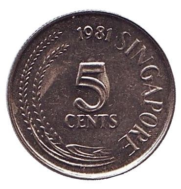 Монета 5 центов. 1981 год, Сингапур. (Магнитная) Большая белая цапля. Монета 5 центов. 1981 год, Сингапур. (Магнитная) Большая белая цапля.