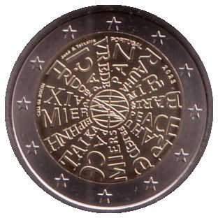Монета 2 евро. 2023 год, Португалия. Мир между народами.