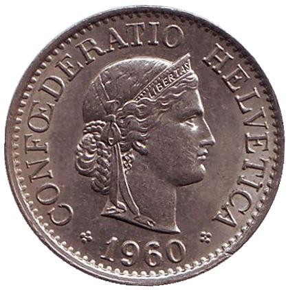 Монета 10 раппенов. 1960 год, Швейцария. Монета 10 раппенов. 1960 год, Швейцария.