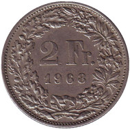 Монета 2 франка. 1968 год, Швейцария. Гельвеция. Монета 2 франка. 1968 год, Швейцария. Гельвеция.