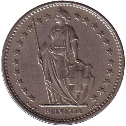 Монета 2 франка. 1968 год, Швейцария. Гельвеция. Монета 2 франка. 1968 год, Швейцария. Гельвеция.