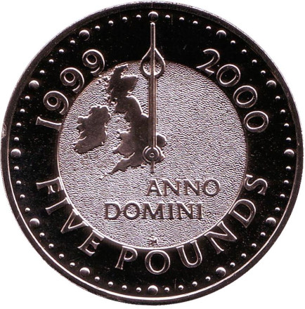 Монета 5 фунтов. 2000 год, Великобритания. (Без изображения Купола тысячелетия) Милленниум.