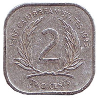 Монета 2 цента. 1995 год, Восточно-Карибские государства.
