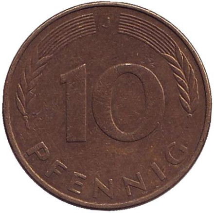 Монета 10 пфеннигов. 1982 год (J), ФРГ. (Из обращения). Дубовые листья.