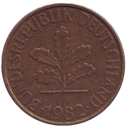 Монета 10 пфеннигов. 1982 год (J), ФРГ. Дубовые листья.