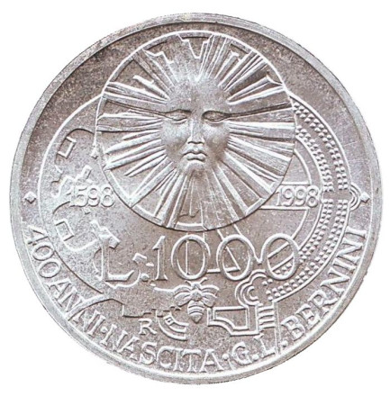 Монета 1000 лир. 1998 год, Италия. 400 лет со дня рождения Джованни Лоренцо Бернини.