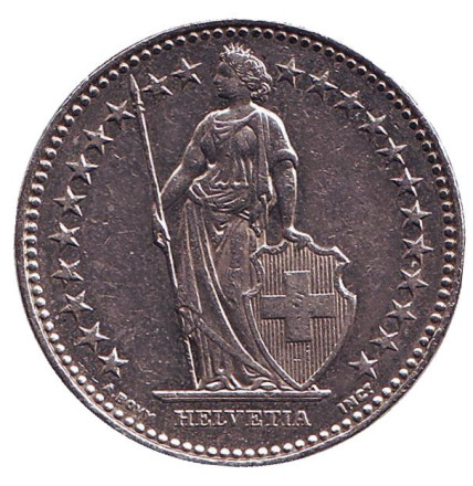 Монета 2 франка. 2005 год, Швейцария. Гельвеция. Монета 2 франка. 2005 год, Швейцария. Гельвеция.