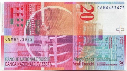 Банкнота 20 франков. 2008 год, Швейцария. Артюр Онеггер. Банкнота 20 франков. 2008 год, Швейцария. Артюр Онеггер.