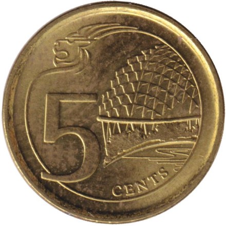 Монета 5 центов. 2016 год, Сингапур. Театр Эспланада.