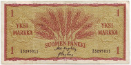 Бона 1 марка. 1963 год, Финляндия. (Из обращения).  Бона 1 марка. 1963 год, Финляндия. (Из обращения).
