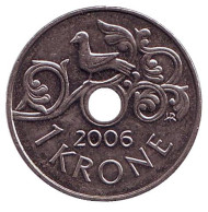 Монета 1 крона. 2006 год, Норвегия. Птица на виноградной лозе. Монета 1 крона. 2006 год, Норвегия. Птица на виноградной лозе.