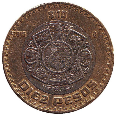 Монета 10 песо. 2015 год, Мексика. Тонатиу. Ацтекский солнечный камень. Орёл.