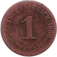 Монета 1 пфенниг. 1890 год (G), Германская империя.