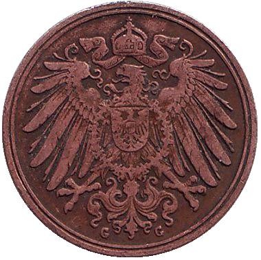 Монета 1 пфенниг. 1890 год (G), Германская империя. Монета 1 пфенниг. 1890 год (G), Германская империя.