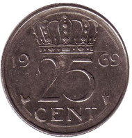 Монета 25 центов. 1969 год, Нидерланды. (Петух). Монета 25 центов. 1969 год, Нидерланды. (Петух).