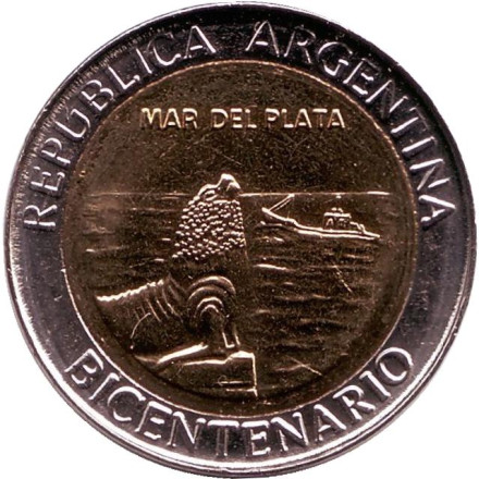 Монета 1 песо. 2010 год, Аргентина. UNC. 200 лет Аргентине. Мар-дель-Плата.