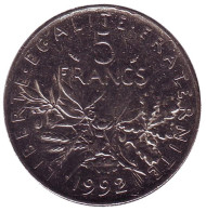 Монета 5 франков. 1992 год, Франция. Монета 5 франков. 1992 год, Франция.