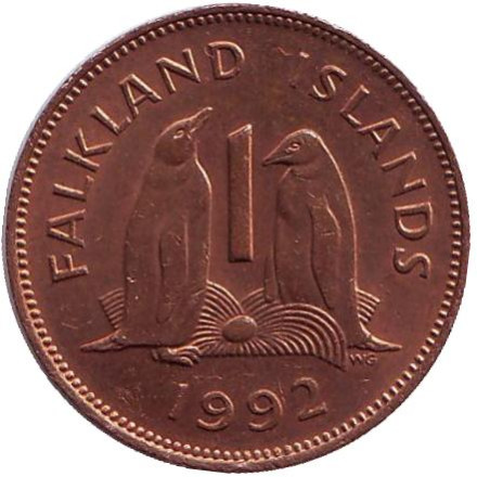Монета 1 пенни. 1992 год, Фолклендские острова. Субантарктические пингвины.