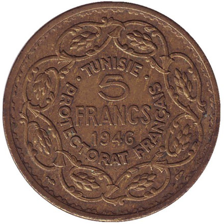 Монета 5 франков. 1946 год, Тунис.