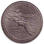 Монета 5 центов. 2005 год (P), США. Из обращения. Выход к океану. Монета 5 центов. 2005 год (P), США. Из обращения. Выход к океану.