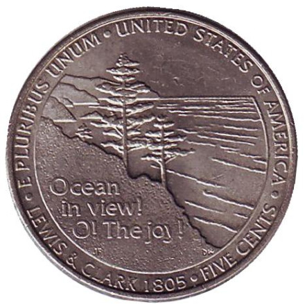 Монета 5 центов. 2005 год (P), США. Из обращения. Выход к океану.