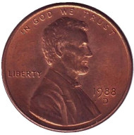 Монета 1 цент. 1988 год (D), США. Линкольн. Монета 1 цент. 1988 год (D), США. Линкольн.