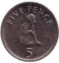 Монета 5 пенсов. 2006 год, Гибралтар. Варварийская обезьяна.