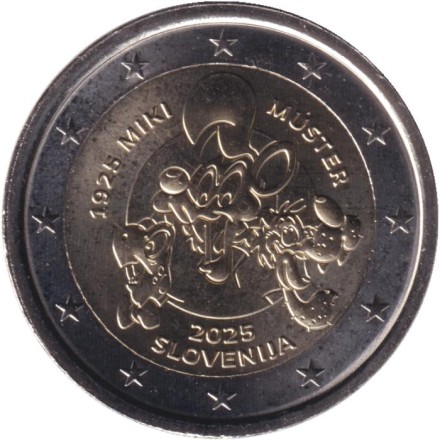 Монета 2 евро. 2025 год, Словения. 100 лет со дня рождения Мики Мустера. Монета 2 евро. 2025 год, Словения. 100 лет со дня рождения Мики Мустера.