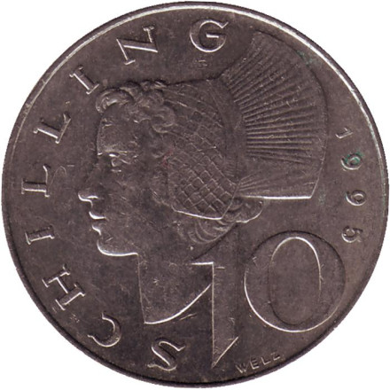 Монета 10 шиллингов. 1995 год, Австрия. Женщина из Вахау.