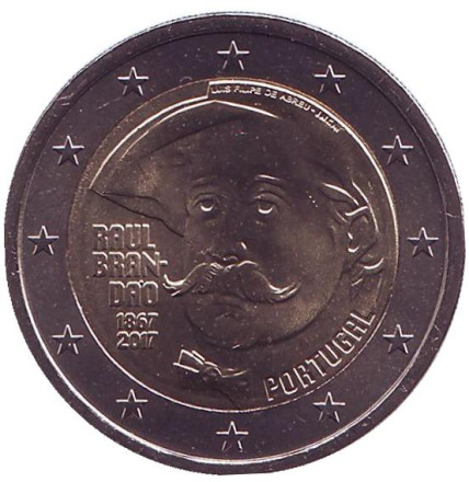 Монета 2 евро. 2017 год, Португалия. 150 лет со дня рождения писателя Раула Брандана.