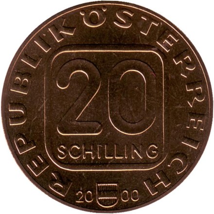 Монета 20 шиллингов. 2000 год, Австрия. 150 лет первой австрийской марке.
