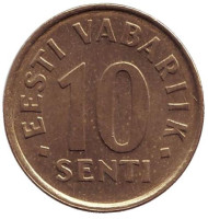 Монета 10 сентов. 2002 год, Эстония. Монета 10 сентов. 2002 год, Эстония.