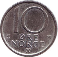 Монета 10 эре. 1988 год, Норвегия. Монета 10 эре. 1988 год, Норвегия.