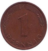 Монета 1 пфенниг. 1976 год (J), ФРГ. Дубовые листья. Монета 1 пфенниг. 1976 год (J), ФРГ. Дубовые листья.