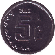 Монета 5 сентаво. 2002 год, Мексика. Монета 5 сентаво. 2002 год, Мексика.
