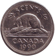 Монета 5 центов, 1990 год, Канада. Бобр. Монета 5 центов, 1990 год, Канада. Бобр.