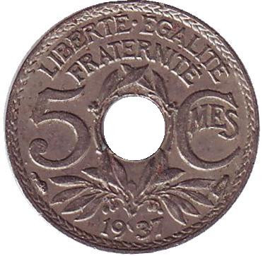 Монета 5 сантимов. 1937 год, Франция.
