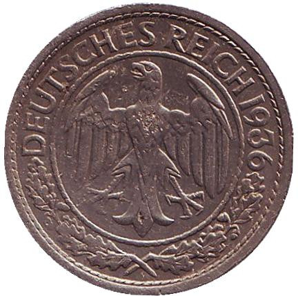Монета 50 рейхспфеннигов. 1936 год (A), Веймарская республика. Монета 50 рейхспфеннигов. 1936 год (A), Веймарская республика.