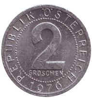 Монета 2 гроша. 1976 год, Австрия. Монета 2 гроша. 1976 год, Австрия.